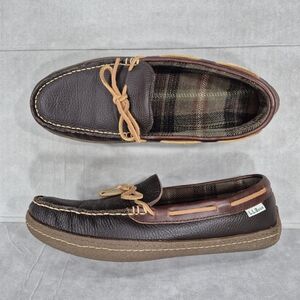 LL Bean Handsewn Slippers men's 10 brown leather flannel lined waterproof soles